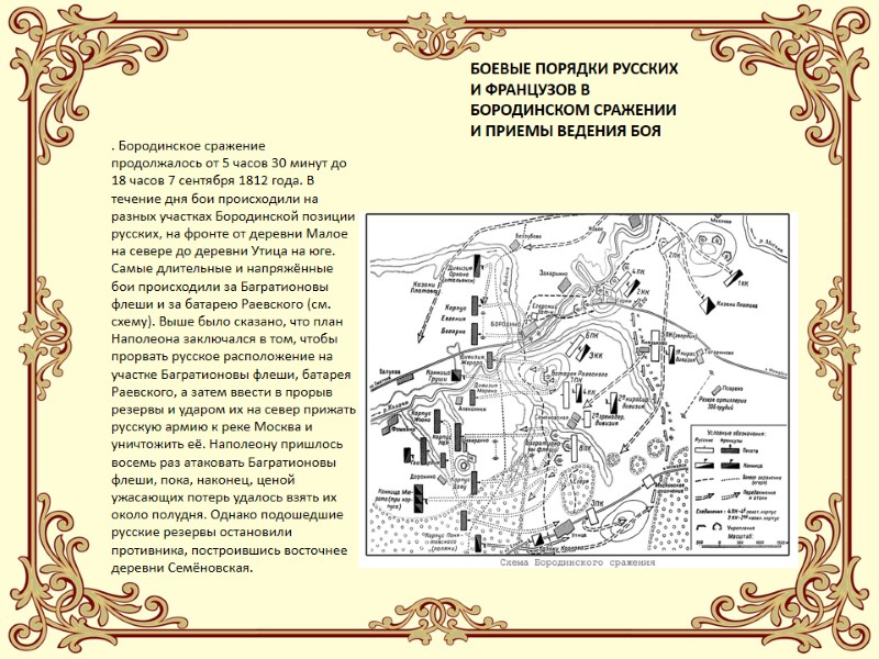 БОЕВЫЕ ПОРЯДКИ РУССКИХ И ФРАНЦУЗОВ В БОРОДИНСКОМ СРАЖЕНИИ И ПРИЕМЫ ВЕДЕНИЯ БОЯ . Бородинское